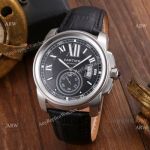 Replica Cartier Calibre de Cartier Men Watches SS Black Leather Strap_th.jpg